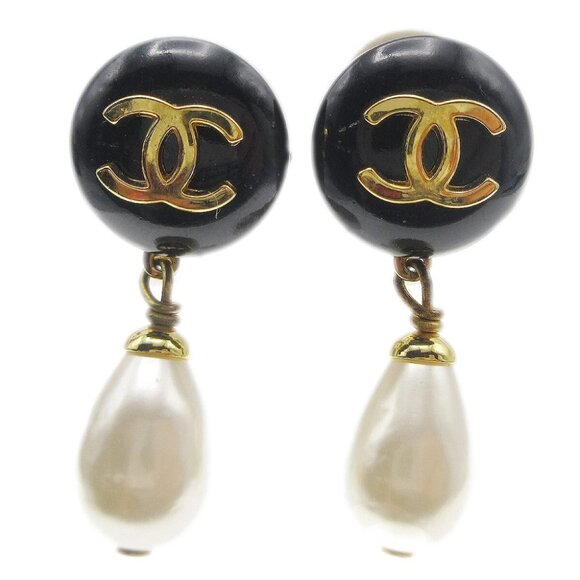 Chanel Artificial Pearl Dangle Earrings Clip-On Gold Black - Picture 1 of 4